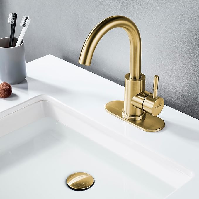 Bathroom Sink Faucet Single Hole Brushed Gold, Modern Single Handle Bathroom Faucet Commercial Stainless Steel Bar Faucet (Brushed Gold, with Drain)