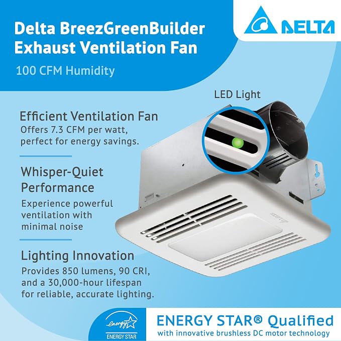 breez Exhaust Bath Fan GBR100LED - LED Light, 1.5 Sones - 100 CFM | Brushless Dc Motor, Energy Star Certified, Dimmable 13 W, 80 Cri, Ceiling Or Wall Mount, Remote Control, 8 X 8 X 6 In, 6.5 lb