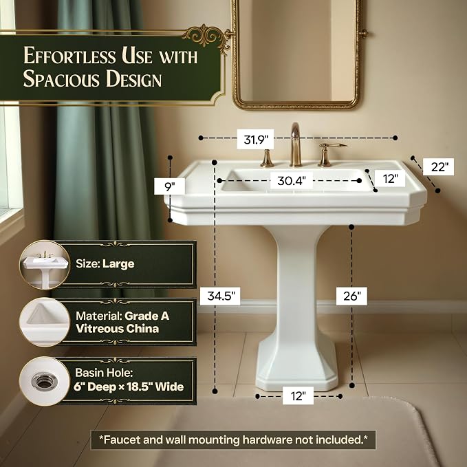 Renovators Supply Manufacturing Victorian 32" W x 34.5" H x 22" Proj. Large White Bathroom Pedestal Sink, Vitreous China, with Overflow, Compatible with 8 in. Widespread Faucets