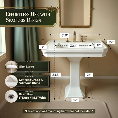 Renovators Supply Manufacturing Victorian 32" W x 34.5" H x 22" Proj. Large White Bathroom Pedestal Sink, Vitreous China, with Overflow, Compatible with 8 in. Widespread Faucets