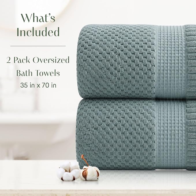 2 Pack Oversized Bath Towels 100% Cotton | Green Towels | Oeko‑TEX Standard 100 | Soft & Absorbent, Quick‑Dry | Trinity Collection - Stormy Sea