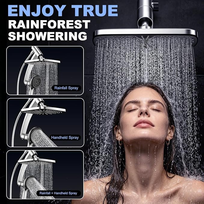 12 Inch High Pressure Rainfall Shower Head Combo,9 Settings Handheld Shower | Height/Angle Adjustable, 3 Spray Modes, Anti-leak, Built-in Magnetic Docking,Washing Jets,Holder, 59" Shower Hose, 1.75GPM