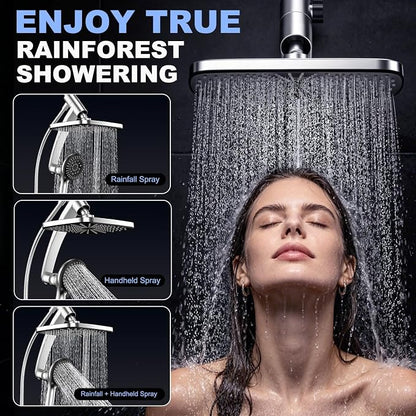 12 Inch High Pressure Rainfall Shower Head Combo,9 Settings Handheld Shower | Height/Angle Adjustable, 3 Spray Modes, Anti-leak, Built-in Magnetic Docking,Washing Jets,Holder, 59" Shower Hose, 1.75GPM