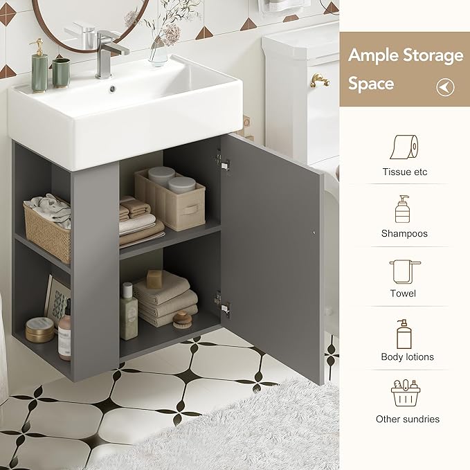 Merax Floating Bathroom Vanity with Sink Combo, 20" Wall Mounted Cabinet with Wood Stripes Decor, Open Shelf, One Piece Sink Basin Bathroom Vanity, Gray