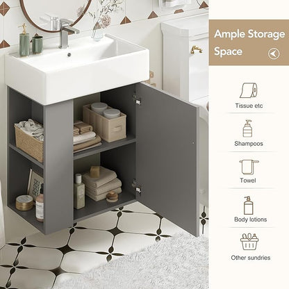 Merax Floating Bathroom Vanity with Sink Combo, 20" Wall Mounted Cabinet with Wood Stripes Decor, Open Shelf, One Piece Sink Basin Bathroom Vanity, Gray