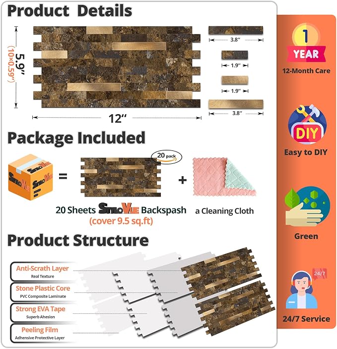 StyloVue 20 Sheets Peel and Stick Backsplash for Kitchen, Rust Slate with Metal Gold Look Stick on Tile Upgrade Your Kitchen Backsplash, RV, Fireplace