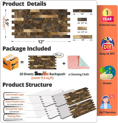 StyloVue 20 Sheets Peel and Stick Backsplash for Kitchen, Rust Slate with Metal Gold Look Stick on Tile Upgrade Your Kitchen Backsplash, RV, Fireplace