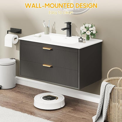 Vabches 30 Inch Bathroom Vanity with Sink, Wood Grain Wall Mounted Vanity with 2 Storage Darwers, Floating Bathroom Vanity with Storage, Bathroom Floating Vanity with Sink, Faucet, Drain, Black