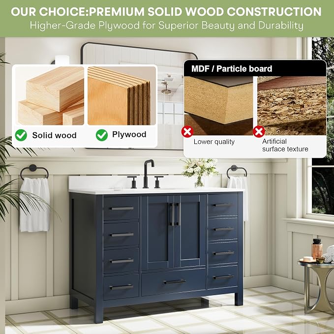 48-Inch Bathroom Vanity with Sink, 2 Soft-Close Doors and 9 Soft-Close Drawers, Bathroom Freestanding Vanity with Cultured Marble Countertop, Bathroom Navy Blue Vanity With Matte Black Handles