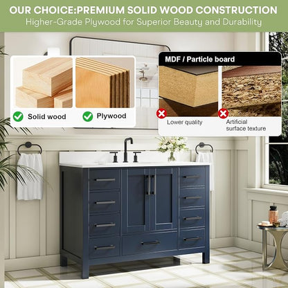 48-Inch Bathroom Vanity with Sink, 2 Soft-Close Doors and 9 Soft-Close Drawers, Bathroom Freestanding Vanity with Cultured Marble Countertop, Bathroom Navy Blue Vanity With Matte Black Handles