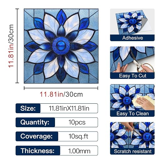 Blue Stained Glass Flower Peel and Stick Floor Tiles 12x12 Inch 10PCS | Blue stained glass style flower pattern vinyl floor stickers for kitchen bathroom entryway and indoor home decor