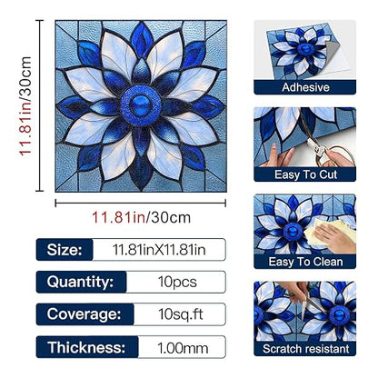 Blue Stained Glass Flower Peel and Stick Floor Tiles 12x12 Inch 10PCS | Blue stained glass style flower pattern vinyl floor stickers for kitchen bathroom entryway and indoor home decor