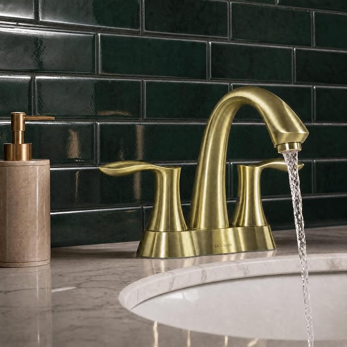 Brushed Gold Bathroom Faucet 3 Hole, 2 Handle Bathroom Sink Faucet, 4 Inch Centerset Bathroom Faucet with Drain Assembly, BF423-SG