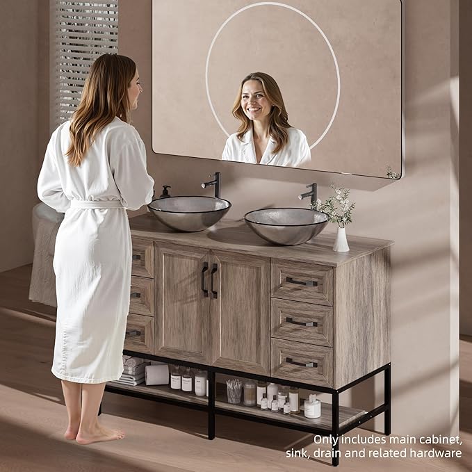 VNN 48 Inch Bathroom Vanity with Sink - Double Sink Bathroom Vanity, Freestanding Cabinet with Open Shelves and 6 Storage Drawers, Modern Iron Wood Cabinet with Countertop Tempered Glass Vessel, Grey