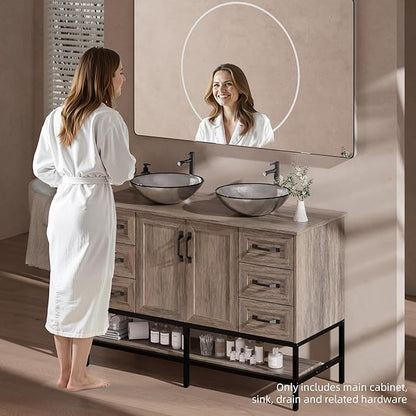 VNN 48 Inch Bathroom Vanity with Sink - Double Sink Bathroom Vanity, Freestanding Cabinet with Open Shelves and 6 Storage Drawers, Modern Iron Wood Cabinet with Countertop Tempered Glass Vessel, Grey