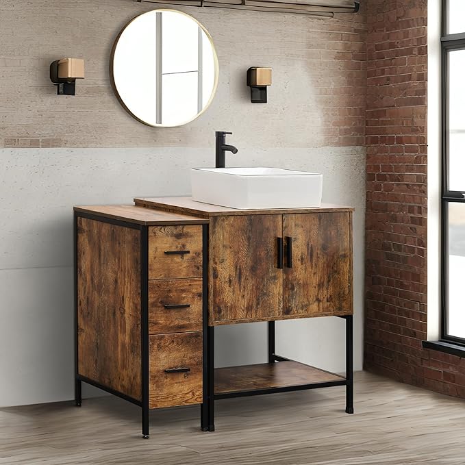UEV 42" Rustic Brown Bathroom Vanity with Sink Combo,Industrial Iron Frame Bathroom Cabinet Sets with 3 Drawers Side Cabinet,Modern Artistic Ceramic Vessel Sink(031WH)
