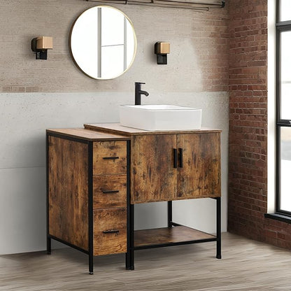 UEV 42" Rustic Brown Bathroom Vanity with Sink Combo,Industrial Iron Frame Bathroom Cabinet Sets with 3 Drawers Side Cabinet,Modern Artistic Ceramic Vessel Sink(031WH)