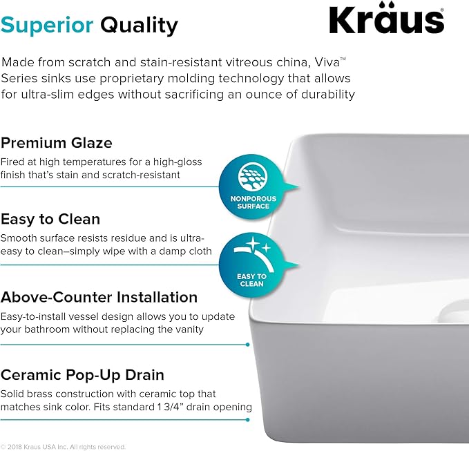 KRAUS Viva™ Square White Porcelain Ceramic Vessel Bathroom Sink with Pop-Up Drain, 15 5/8 in. L x 15 5/8 in. W x 5 1/8 in. H, KCV-202GWH