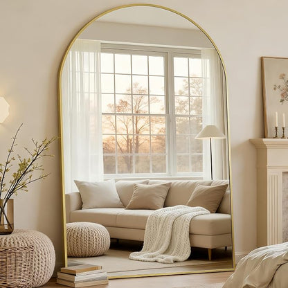 Dewfig Arched Full Length Mirror, 90"x46" Large Floor Mirror, Gold | Aluminum Alloy Frame Oversized Full Body Mirror, HD Shatterproof Tempered Glass, Lean/Stand/Wall for Living Room,Bedroom