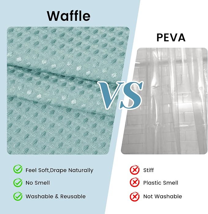 SORTTO No Hook Shower Curtain with Snap in Liner Set Waffle Shower Curtain for Bathroom Hotel Style Fabric Waterproof Inner Liner，71" W x 74" H, Teal