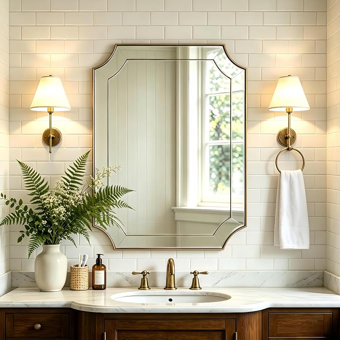 Gold Wall Mirror, 28x36 Scalloped Corner Rectangular Mirror | Ornate Segmented Glass Border, Multi‑Panel Flat Glass Trim, Anti-rust Metal Frame, Ideal for Bathroom Entryway Living Room