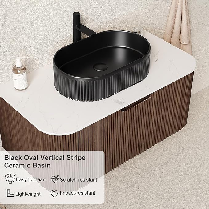 36 inch Bathroom Vanity with Sink, Wall-Mount Floating Bathroom Cabinet with Ultra-Thin Ceramic Basin and Marble Top, Large Storage Drawer, Soft-Close Design, Walnut with Balck
