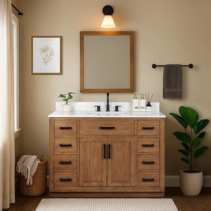 48-inch Dark Walnut Bathroom Vanity with Sink, Solid Wood, 0.79-inch Stone Countertop and Backsplash, 9 Drawers, 2 Soft Closing Doors