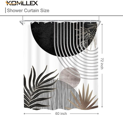 Mid Century Black Gray Boho Abstract Modern Bathroom Shower Curtain Set | 60Wx72L S Plant design, waterproof HD print with fast-drying fabric and 12 hooks.