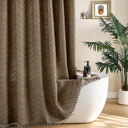 Siiluminisoy Boho Farmhouse Shower Curtain Woven Fabric Khaki Shower Curtain, 72 x 72 Tufted Chevron Textured Striped Modern Farmhouse Minimalist Shower Curtain for Bathroom