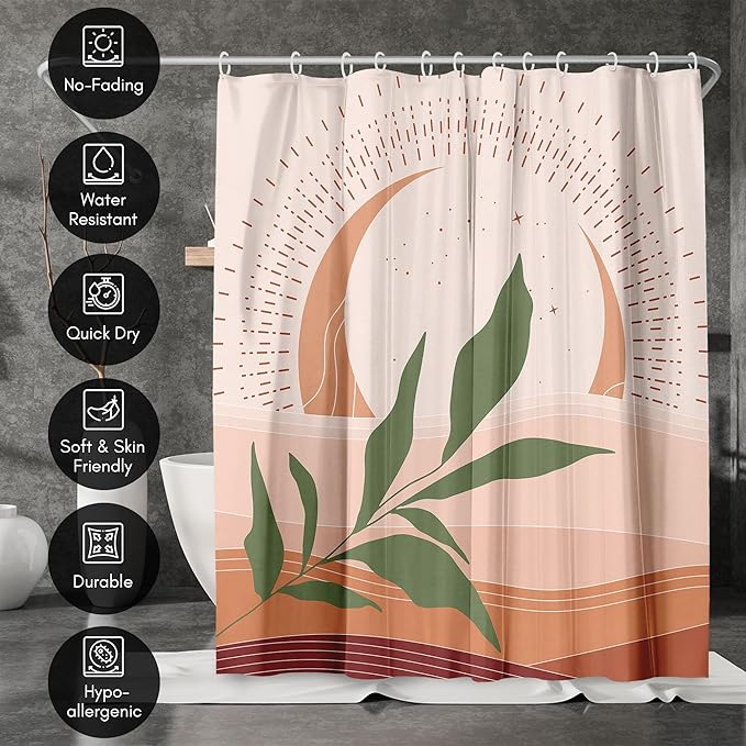 Americanflat 71x74 Boho Shower Curtain - Water-Resistant Long Shower Curtain with Durable Metal Grommets and 12 Hooks - 100% Polyester - Sage Green, Terracotta, Blush Pink and Rust Red