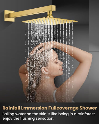 Airuida 8 Inch Brushed Gold Shower Faucet Set,Shower Valve Kit | Rainfall Shower Head and Handle Set,Female Thread Rough-in Valve Shower Kit,Single Function Shower System