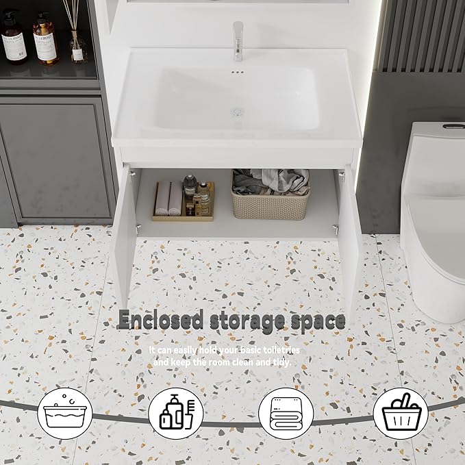 32'' Bathroom Vanity with Ceramic Sink Combo, Wall Mounted Small Bathroom Vanity with Soft-Close Door Modern Floating Cabinet, Pop-up Drain, P-Trap Included, White(No Faucet)