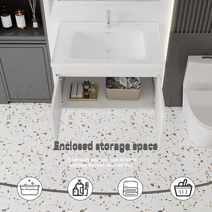 32'' Bathroom Vanity with Ceramic Sink Combo, Wall Mounted Small Bathroom Vanity with Soft-Close Door Modern Floating Cabinet, Pop-up Drain, P-Trap Included, White(No Faucet)