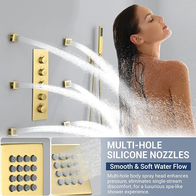 Luxury Thermostatic Rain & Waterfall Shower System with 22” Rain Shower Head & 6 Body Jets, JetsBath Wall Mounted Shower Faucet Sets with Handheld Sprayer, 3/4” Inlet Thermostatic Valve