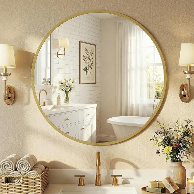NEWBULIG 24 Inch Round Wall Mirror, Bathroom Mirrors for Over Sink, Matte Metal Framed Circle Vanity Mirror, Wall Decor for Bedroom, Anti-Rust, Tempered Glass, Hanging or Leaning, Classic Gold