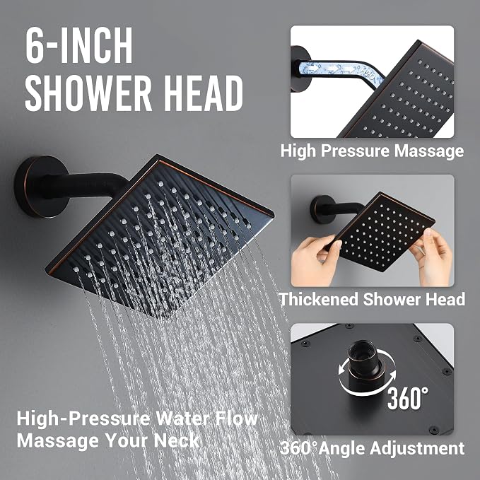 Thermostatic Dual Shower System, Oil Rubbed Bronze Shower Faucet | 12 Inch Ceiling Rainfall Shower, 6 Inch Wall Mount Head, High Pressure Handheld Sprayer, Push Button Valve