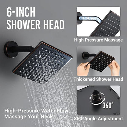 Thermostatic Dual Shower System, Oil Rubbed Bronze Shower Faucet | 12 Inch Ceiling Rainfall Shower, 6 Inch Wall Mount Head, High Pressure Handheld Sprayer, Push Button Valve