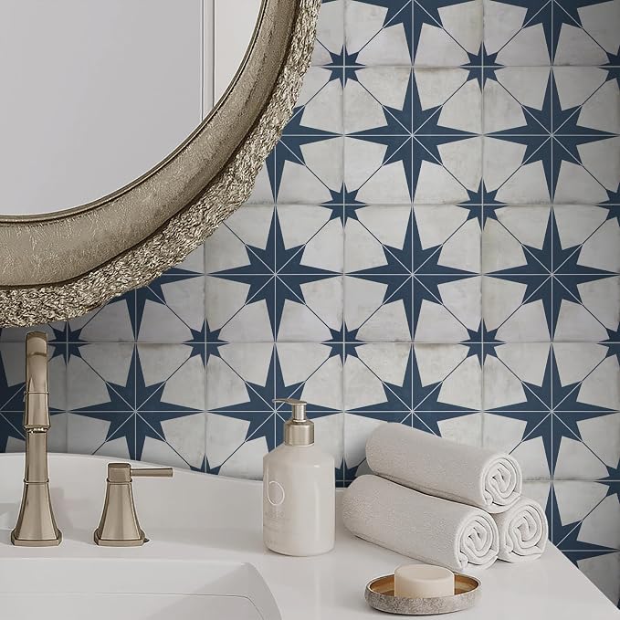 The Tiles Plaza Encaustic Peel and Stick Backsplash, Blue Star Patterned Vintage Stick on Tiles, Stone Composite Self-Adhesive Wall Tile Sticker for Kitchen Bathroom Fireplace Stairs, 10 Sheets