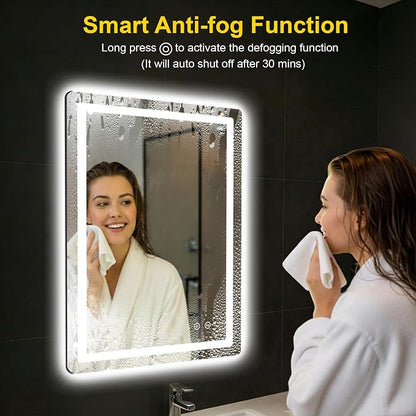 LED Bathroom Mirror with Lights, 24"x32" Lighted Vanity Mirror for Wall | Anti-Fog, Dimmable 3 Color Light, Backlit+Frontlit, Shatterproof Tempered Glass, Memory Function