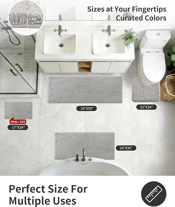 ILANGO Grey Bathroom Rugs 24" × 17" Small Non Slip & Super Absorbent Extra Thick Soft, Washable Bath Mat for Floor, Microfiber Plush Shaggy Bath Rug with Rubber for Bathtub Shower Room Sink