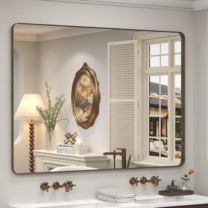 55x40 Inch Bronze Bathroom Mirror, Brushed Bronze Metal Frame Mirrors for Wall, Rounded Rectangle Bronze Mirror for Vanity,Farmhouse, Bedroom, Anti-Rust (Horizontal/Vertical)