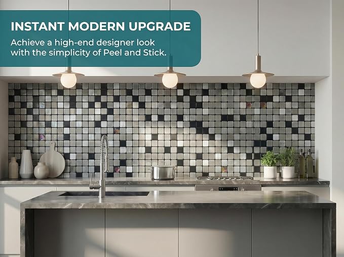 10 Pcs Peel and Stick Backsplash Mosaic Tiles, Self-Adhesive Wall Tile, Waterproof Oil Proof Stick On Tile for Kitchen, Bathroom Vanity, Fireplace & Laundry Room Decor (Mixed Dark&Silver)