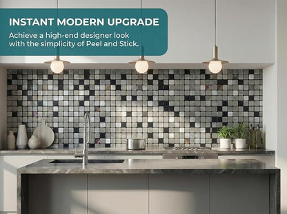 10 Pcs Peel and Stick Backsplash Mosaic Tiles, Self-Adhesive Wall Tile, Waterproof Oil Proof Stick On Tile for Kitchen, Bathroom Vanity, Fireplace & Laundry Room Decor (Mixed Dark&Silver)