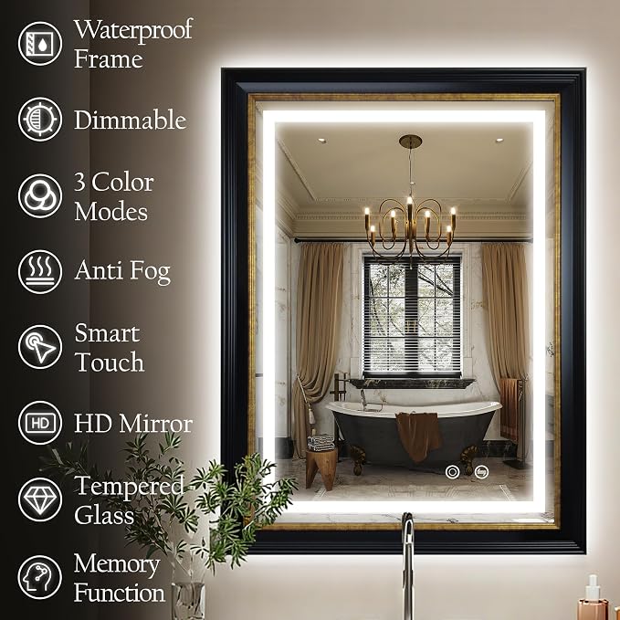 ROLOVE 23x33 Inch Lighted Baroque Bathroom Mirror, Antique Black and Gold | Anti-Fog, Waterproof Frame and Shatterproof Glass, Vintage Wall Mirror for Bathroom, Entryway and Powder Room