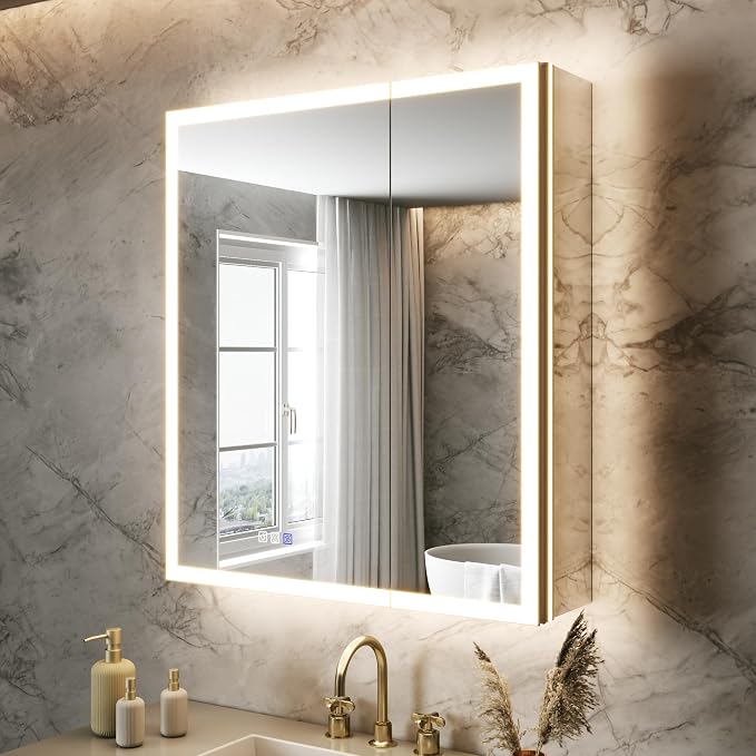 28x32 Lighted Medicine Cabinet, Separate Front & Back Lights | Surface/Recessed LED Medicine Cabinet for Bathroom with Side Mirrors, Dimmable Light, Anti-Fog, Memory,Silver Aluminum Frame