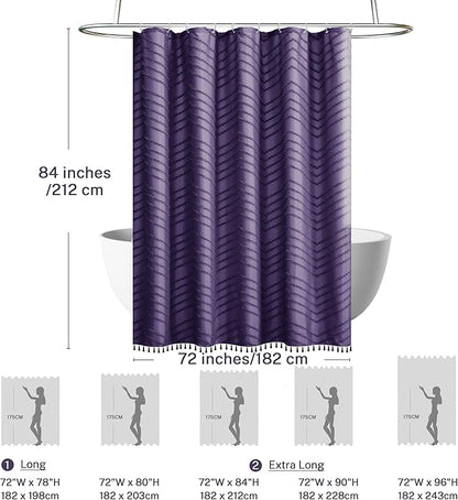 Extra Long Boho Shower Curtain, Woven Fabric 84 in Dark Purple, 72 x 84, Tufted Chevron Striped Modern Chic Textured Minimalist Bathroom Shower Curtain