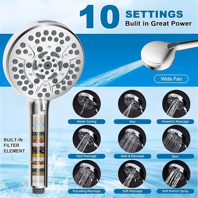 Metal 10" Rain Showerhead with 10-Spray Filter Handheld, 4-way Diverter | Chrome Finish, NSF/ANSI/CAN 372 Certified, High Pressure Shower Head with Pause Mode, 71" Stainless Steel Hose/12" Shower Arm