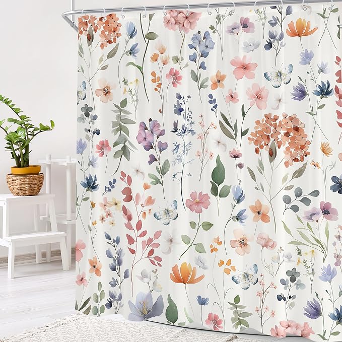 Boho Coral Pink Flower Colorful Wildflower Bathroom Shower Curtain Set | 72"W x 78"H Floral Watercolor; waterproof HD print, quick-dry fabric and plastic hooks for easy setup.
