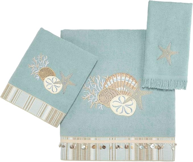 Avanti Linens - 3pc Towel Set, Soft & Absorbent Cotton, Coastal Home Decor (By The Sea Collection, Mineral)