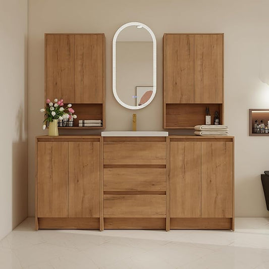 72" Bathroom Vanity Set, 72 Inch Modern Freestanding Vanity with 3 Drawers and 2 Wall-Mounted Side Cabinet, Soft Closing Doors, Single Resin Sink Floor Stand Cabinet Set Imitative Oak